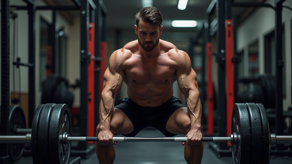 Muscular athlete in gym performing heavy barbell squat with intense focus, demonstrating strength training that maximizes creatine supplementation benefits