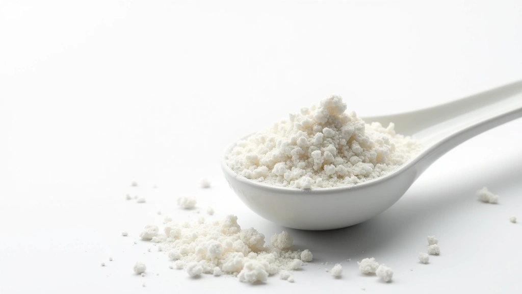 Close-up of white crystalline creatine monohydrate powder in glass measuring spoon against white background, professional supplement photography