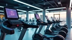 Modern gym interior with rows of cardio machines and touchscreen displays, professional lighting, spacious layout, no people visible, clean contemporary fitness facility aesthetic
