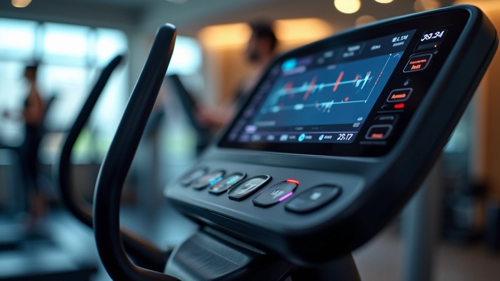 Close-up of advanced fitness equipment control panel with digital interface, heart rate monitor display, and app connectivity features, professional photography, gym setting background blurred