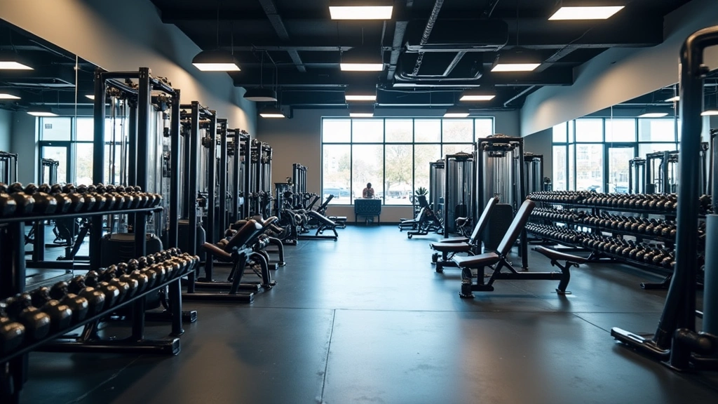 Well-equipped strength training area with dumbbells, cable machines, and functional fitness equipment arranged professionally, bright gym lighting, modern facility design, empty of people