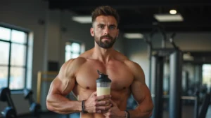 Muscular athlete holding shaker bottle with protein powder, gym environment, natural lighting, fitness focus, no logos visible