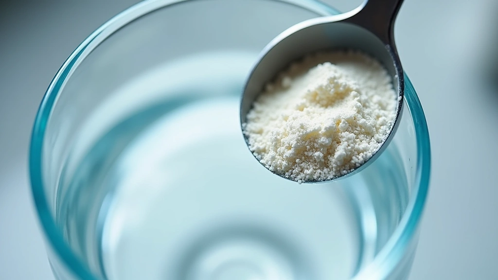 Protein powder scoop measuring into clear glass with water, macro photography, crystalline texture visible, laboratory-clean setting