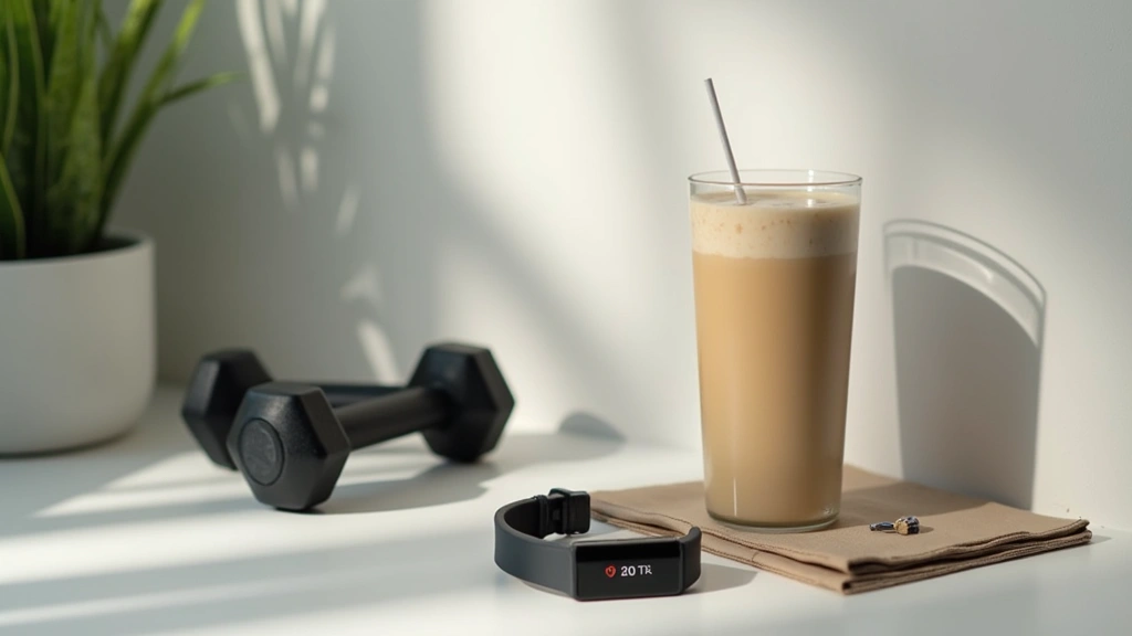 Post-workout recovery scene showing protein shake next to dumbbells and fitness tracker, minimalist composition, bright daylight