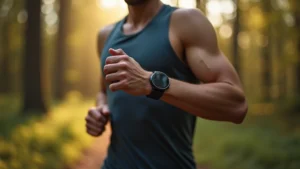 Professional athletic male runner wearing advanced fitness watch on wrist during outdoor trail run, morning sunlight, watch display visible but not readable, detailed band texture visible, natural forest background