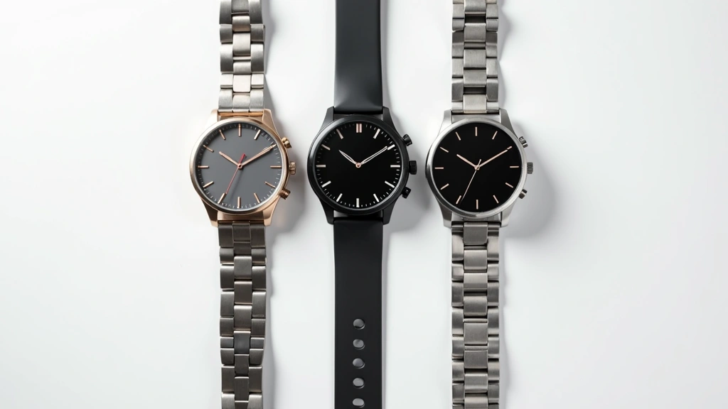 Flat lay top-down view of three premium fitness watches in titanium and stainless steel, arranged in triangle formation on minimalist white surface, showing different watch faces and band designs, soft studio lighting