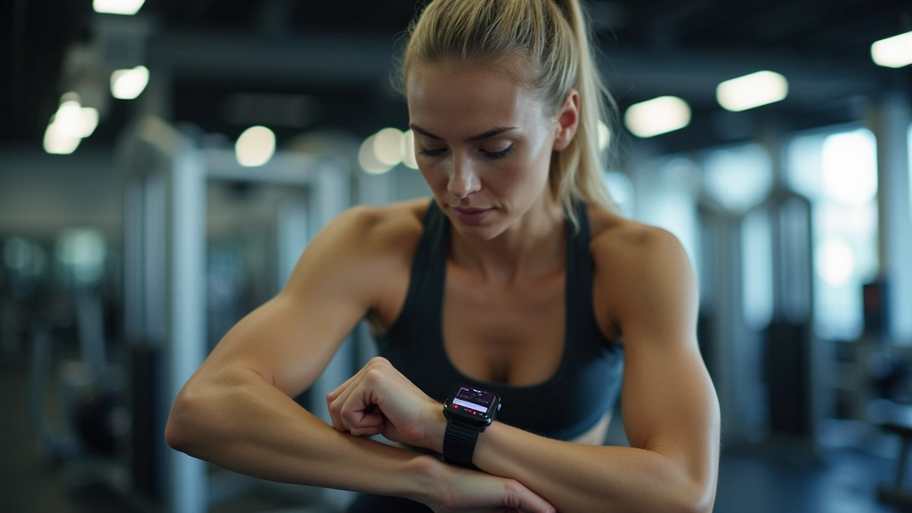 Female athlete in gym environment checking fitness watch on wrist before workout, focused expression, modern gym equipment blurred in background, watch screen glowing, dynamic athletic pose