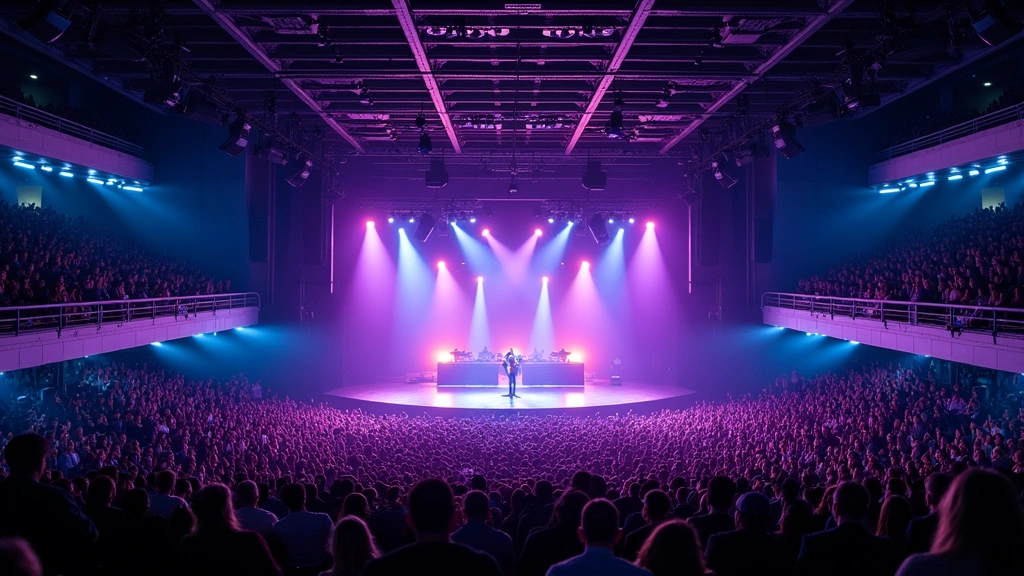 Professional concert venue interior showing multiple seating levels with purple and blue stage lighting, modern acoustic ceiling treatment, and enthusiastic crowd in lower bowl sections