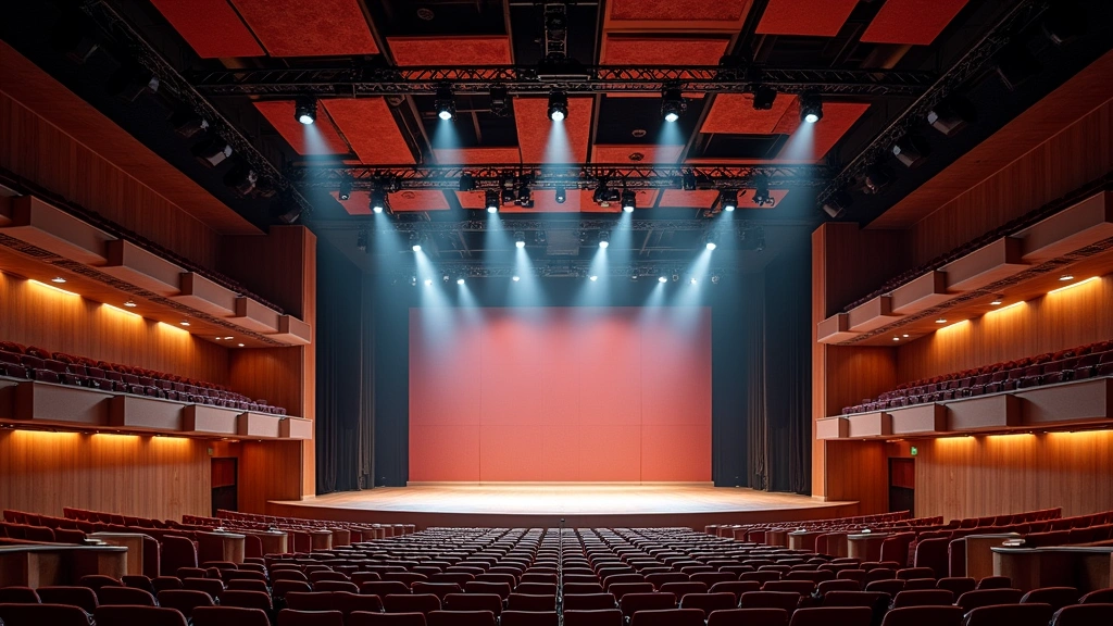 Modern concert venue interior with multiple levels of seating, professional lighting systems, and acoustic treatment panels visible on ceiling and walls