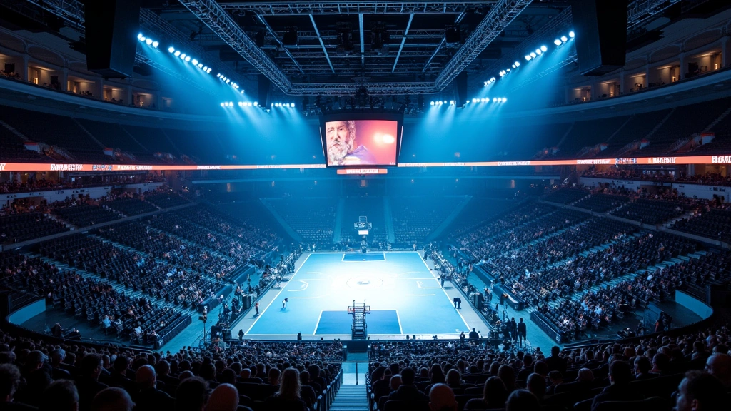 Aerial view of modern arena interior showing concentric seating sections, professional lighting rigs, and central floor space with professional staging setup