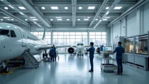 Modern aerospace research laboratory with engineers working on composite aircraft components, advanced testing equipment, industrial design workspace with high-tech machinery visible