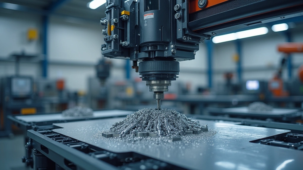 Cutting-edge additive manufacturing 3D printer producing complex metallic aerospace parts, precision manufacturing facility with robotic arms and industrial equipment