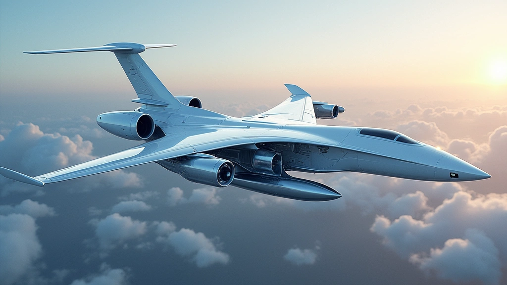 Futuristic aircraft design visualization showing electric propulsion systems, sustainable materials, and aerodynamic innovations in a modern engineering environment