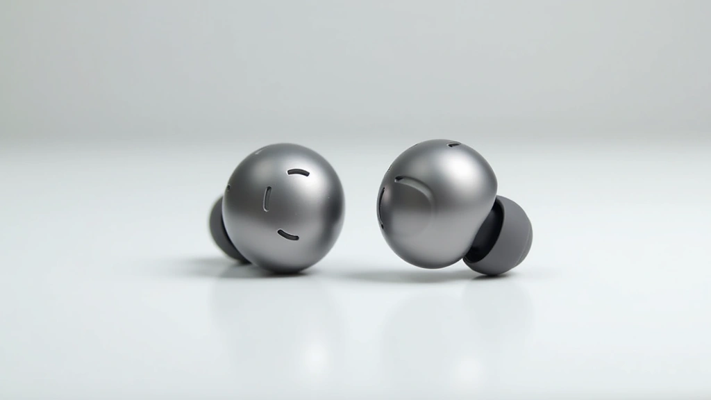 Sleek metallic wireless earbuds with minimalist design on white surface, professional product photography with soft lighting