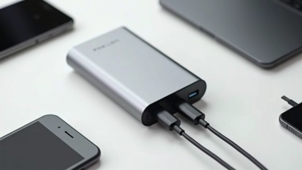 Portable power bank with aluminum finish and USB-C ports displayed with various devices nearby, clean studio environment
