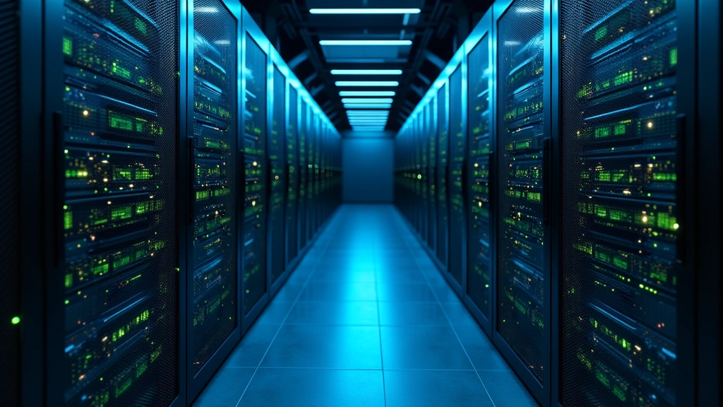Advanced AI server farm with blue and green LED lights, rows of processing units, professional data center atmosphere, no readable text or screens