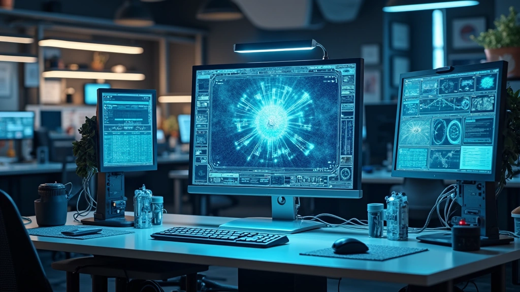 Innovation hub workspace with cutting-edge gadgets, holographic displays, and advanced prototypes scattered on desks, futuristic tech environment, no visible product names or text