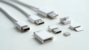 Close-up overhead view of various smartphone cables and USB connectors arranged on white surface, showing wear patterns and connection points in natural daylight