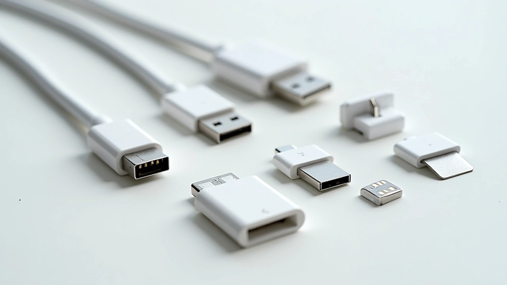 Close-up overhead view of various smartphone cables and USB connectors arranged on white surface, showing wear patterns and connection points in natural daylight