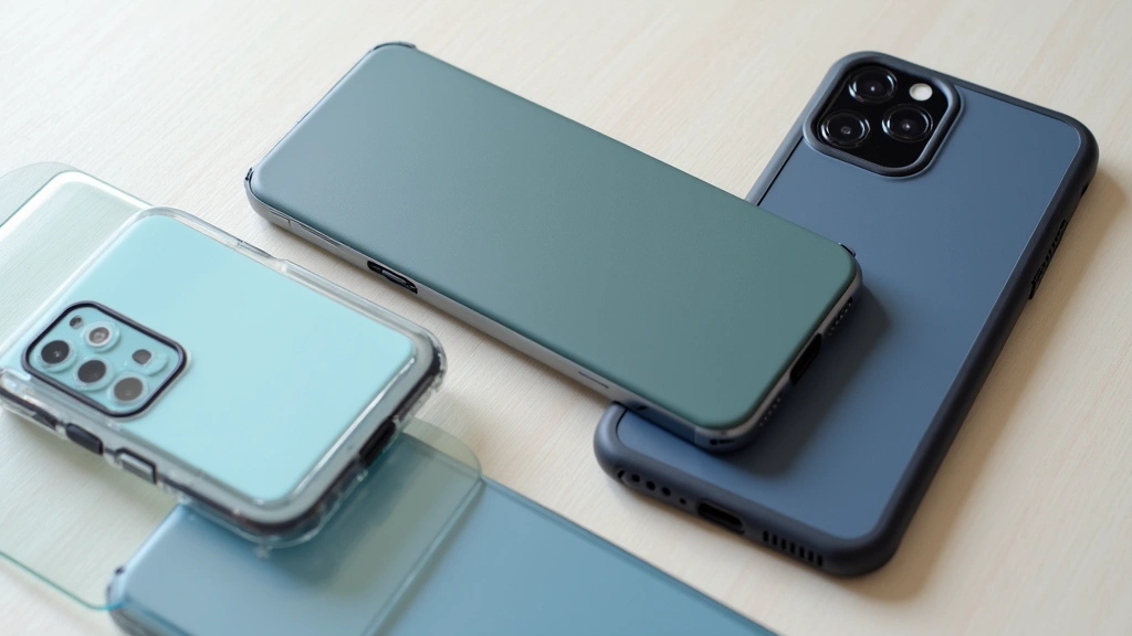 Flat lay photography of smartphone protective cases and screen protectors in different colors and materials, displaying durability and design quality on neutral background