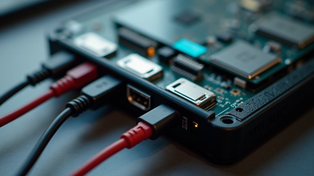 Detailed macro shot of power bank charging ports and battery cells with visible internal components, showcasing electronic construction and circuitry quality in professional lighting