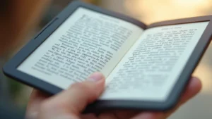 Close-up of high-resolution e-ink display showing crisp black text on white background, side angle lighting highlighting screen surface texture, hand holding eReader device, natural daylight illumination