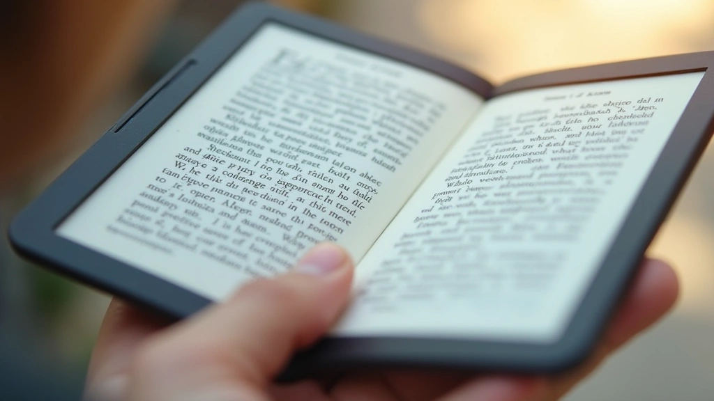 Close-up of high-resolution e-ink display showing crisp black text on white background, side angle lighting highlighting screen surface texture, hand holding eReader device, natural daylight illumination