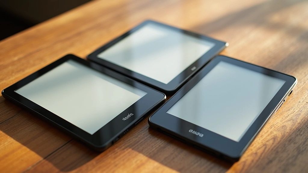 Flatlay composition of three different eReaders arranged in triangle formation on wooden surface, each showing different screen sizes and frontlight intensity, morning sunlight casting subtle shadows, no visible text or logos