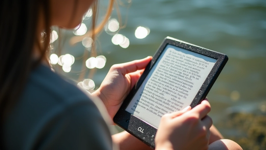 Person reading eReader outdoors in bright sunlight near water, device screen clearly visible and readable, waterproof device immersed partially in water droplets, peaceful reading environment, natural outdoor lighting