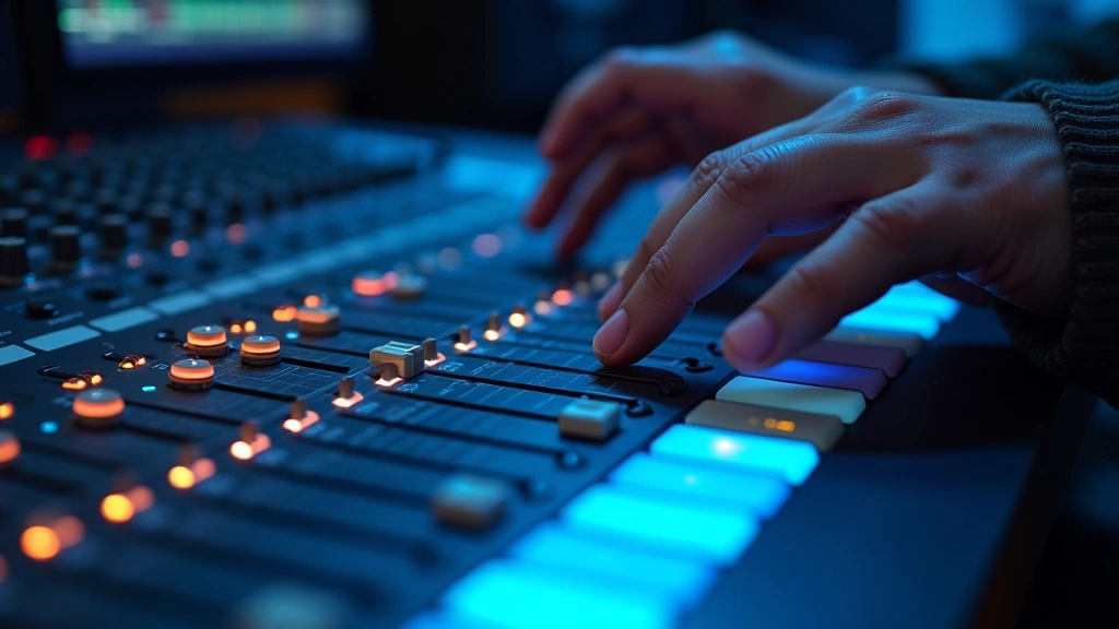 Professional audio engineer adjusting equalizer settings on modern digital mixing console with glowing blue interface, studio lighting, hands operating touchscreen controls with precision
