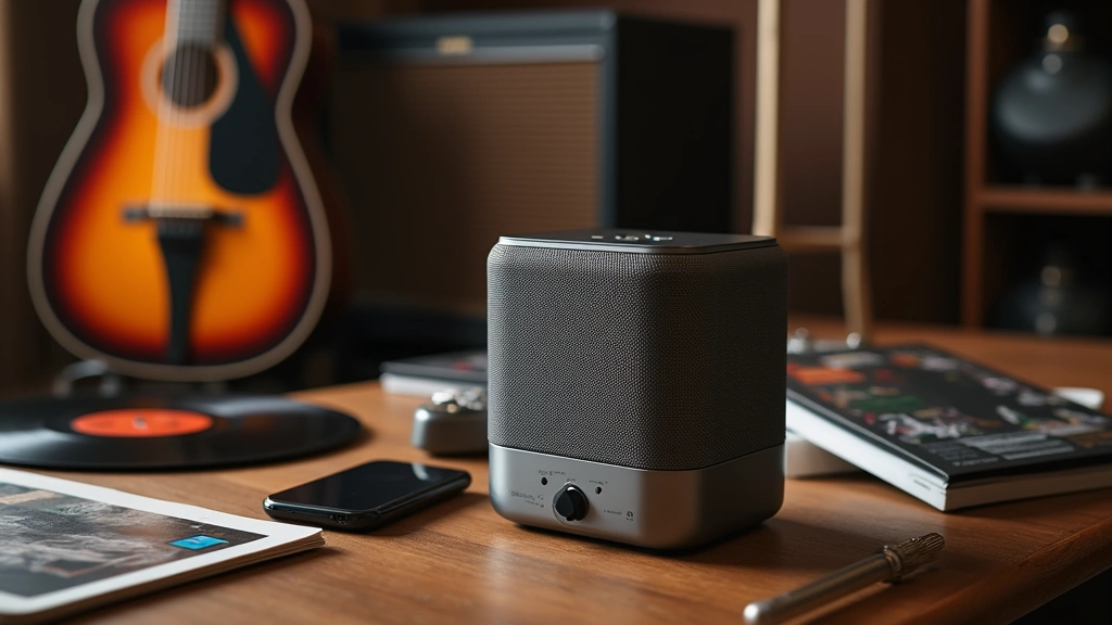 High-end portable Bluetooth speaker with premium metallic finish sitting on wooden table, surrounded by musical instruments and vinyl records, warm ambient lighting showing acoustic design details