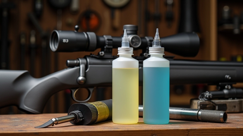 Professional firearm bore cleaning solvent bottles with precision cleaning equipment displayed on wooden workbench with rifle components, detailed product photography, studio lighting