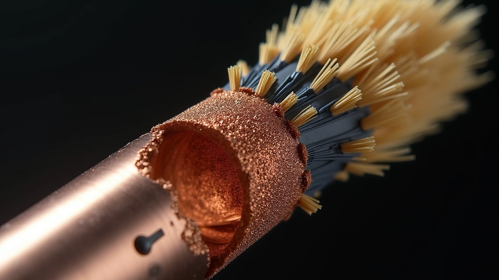 Close-up macro photography of bore cleaning brush bristles and solvent interaction with copper fouling residue inside rifle barrel cross-section, technical demonstration