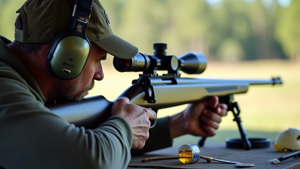 Competitive shooter at long-range precision rifle match cleaning firearm barrel with professional maintenance tools and solvents, outdoor range environment, action photography