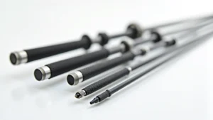 Close-up professional photography of precision-engineered carbon fiber and stainless steel cleaning rod segments with rotating ball bearing assembly, showing fine detail of knurled grip handle and threaded connections, neutral lighting on white studio background