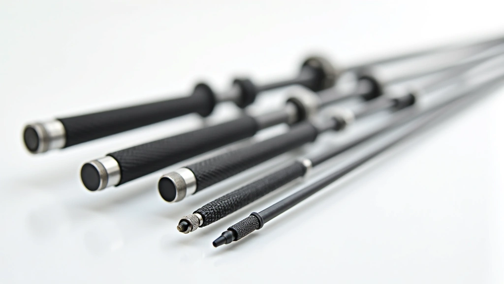 Close-up professional photography of precision-engineered carbon fiber and stainless steel cleaning rod segments with rotating ball bearing assembly, showing fine detail of knurled grip handle and threaded connections, neutral lighting on white studio background