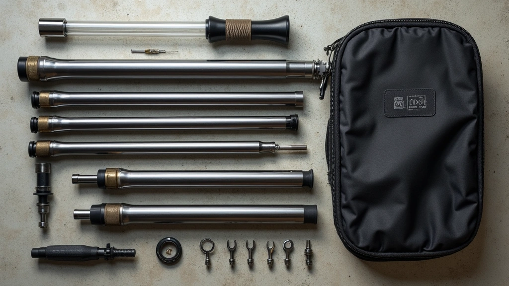 Flat-lay product photography of complete segmented cleaning rod system with multiple caliber-sized segments organized by length, bearing handle, various jag attachments, and protective storage case, overhead lighting