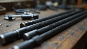 Close-up of carbon fiber cleaning rod segments laid out on workbench with precision measuring tools, professional gunsmith environment, natural lighting highlighting material texture and quality construction details