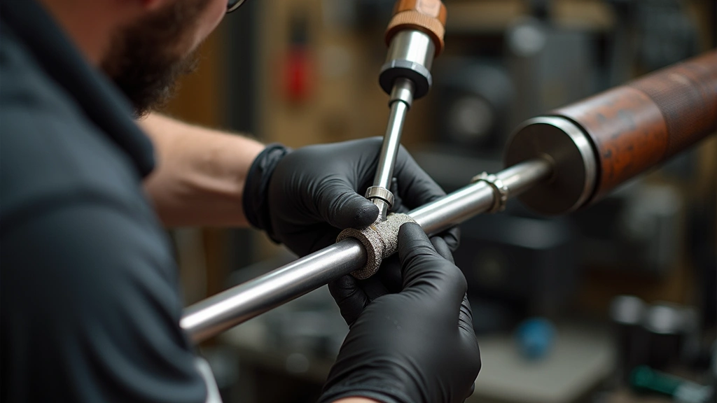 Professional gunsmith using coated steel cleaning rod in precision barrel cleaning setup, showing proper rod handling technique with bore guide and cleaning patches, workshop setting with organized firearm maintenance equipment
