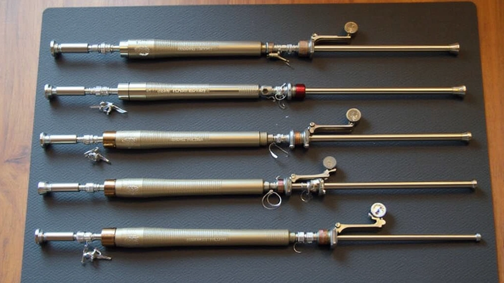 Comparison display of multiple Bore Tech cleaning rod models in different calibers arranged vertically on gun cleaning mat, showing various rod diameters and coatings, with precision measurement gauges and jags visible