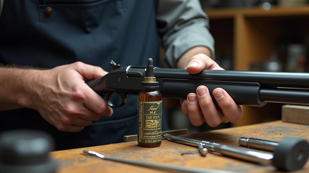Professional gunsmith using precision bore cleaning equipment with specialized solvent bottles and stainless steel cleaning rods on wooden workbench, close-up of hands performing meticulous barrel maintenance
