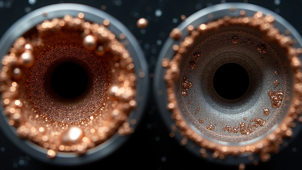Detailed cross-section view of rifle bore showing copper fouling deposits and carbon buildup before and after professional cleaning treatment, laboratory-style technical photography