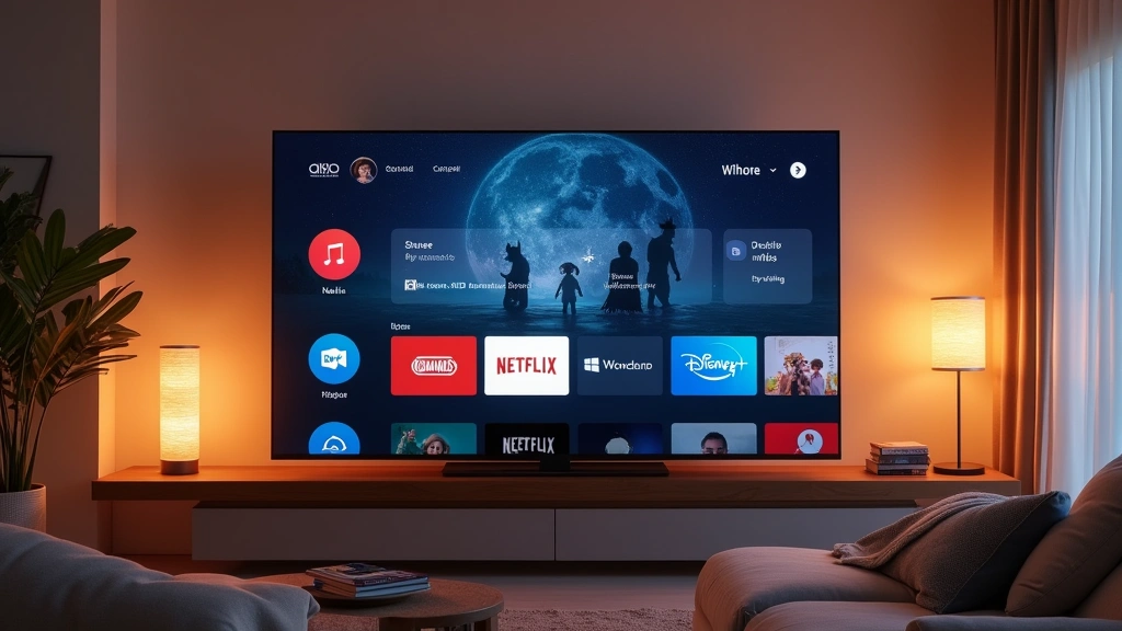 Modern 4K OLED television displaying streaming interface with Netflix, Prime Video, and Disney+ apps visible in living room setting with contemporary furniture and warm lighting