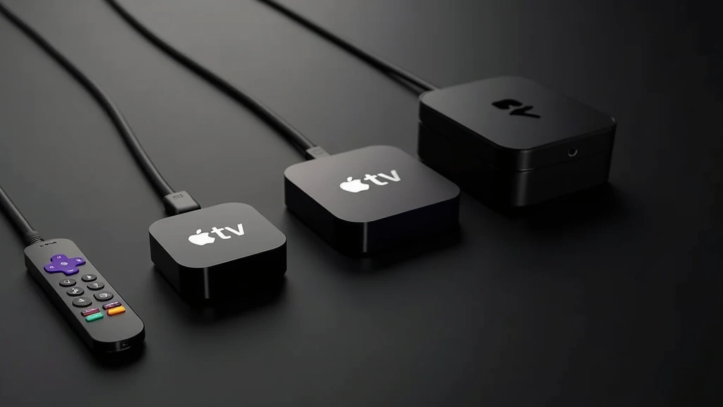 Side-by-side comparison of streaming devices: Apple TV 4K, Roku Ultra, and NVIDIA Shield Pro arranged on black table with cables and remote controls, professional product photography