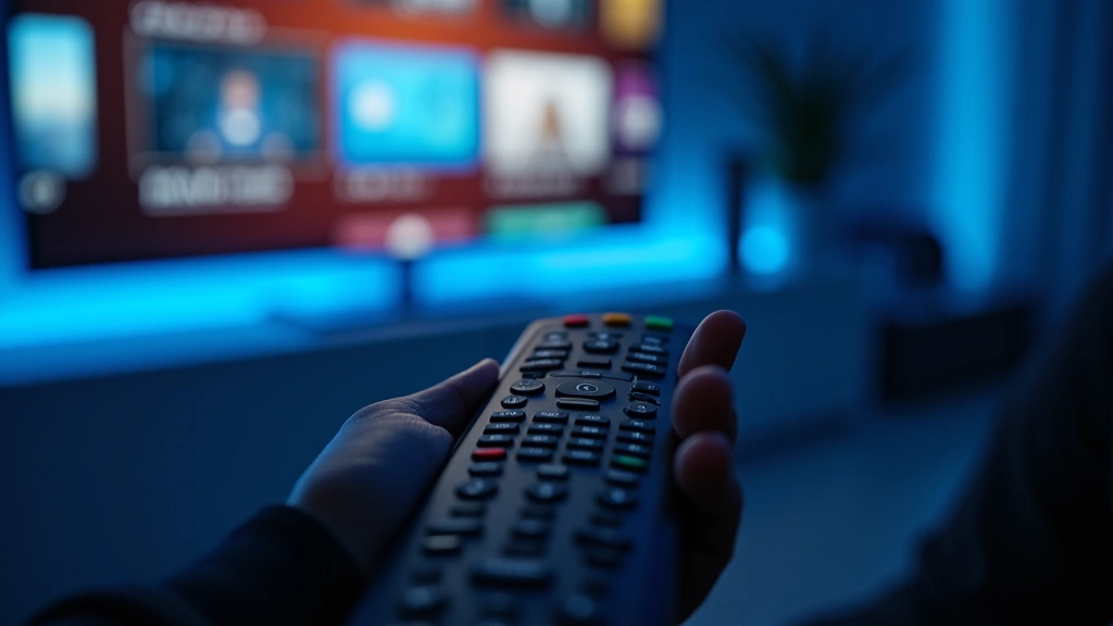 Close-up of television remote control with hand pressing buttons, showing smart TV interface menu on screen behind, modern minimalist aesthetic with blue accent lighting