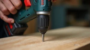 Close-up of Bosch power drill being used on wooden surface, showing precision and control, professional workshop lighting, photorealistic detail