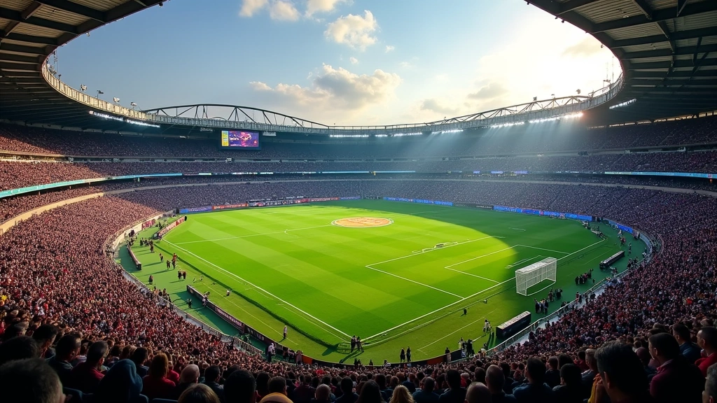 Professional football stadium aerial view showing crowded bleachers, green field with yard line markings, bright stadium lighting, autumn afternoon setting, no visible text or logos
