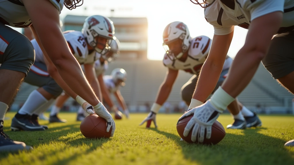 Close-up of American football defensive formation showing players in three-point stance on pristine field, focused intensity expressions, afternoon sunlight, realistic sports photography style