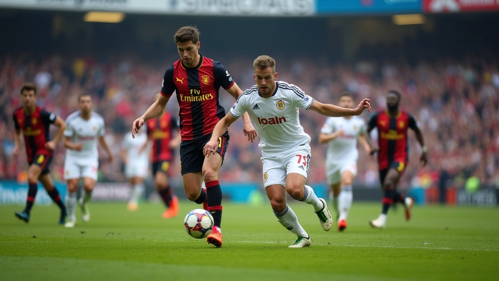 Wide-angle football field view during game action showing both teams competing for ball position, blurred crowd background, natural field conditions, dynamic athletic moment captured