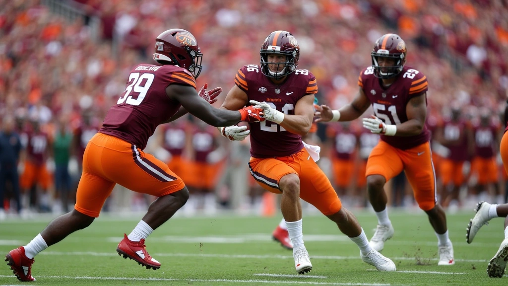 Professional football players in Virginia Tech maroon and orange uniforms executing offensive play on natural grass field with stadium crowd visible in background